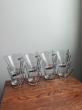 8 Vintage Tempered Glass Mugs Italian Bormioli Cups w/ Stainless Handles